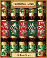 Pudding Lane Christmas Crackers Eat Drink and Be Merry Design With Red Green and Gold 10 X 11.5 Inch 239g
