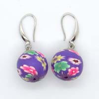 African Hut Earrings Purple Painted Clay Bead Earrings with A Short Hook 7g