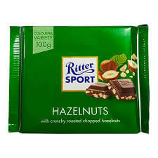 Ritter Sport Milk Chocolate with Hazelnuts  HEAT SENSITIVE ITEM. PLEASE ADD ITEM 122942 TO THE ORDER TO TRY TO PROTECT CHOCOLATES FROM HEAT DAMAGE. 100g