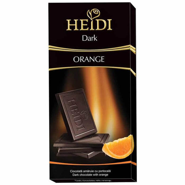 Heidi Dark Chocolate with Orange Bar  HEAT SENSITIVE ITEM. PLEASE ADD ITEM 122942 TO THE ORDER TO TRY TO PROTECT CHOCOLATES FROM HEAT DAMAGE. 80g