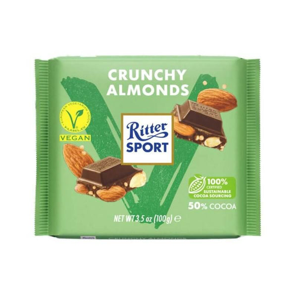BEST BY MARCH 2025: Ritter Sport Crunchy Almonds Vegan Chocolate Bar (HEAT SENSITIVE ITEM - PLEASE ADD A THERMAL BOX (ITEM NUMBER 114878) TO YOUR ORDER TO PROTECT YOUR ITEMS FROM HEAT DAMAGE) 100g