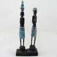 African Hut Wooden Statue Pair Small with Light Blue Beading (Approx. 9 Inches) 166g