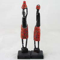 African Hut Wooden Statue Pair Small with Red Beading (Approx. 9 Inches) 166g