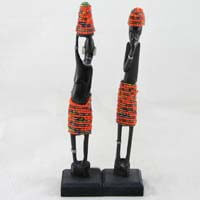 African Hut Wooden Statue Pair Small with Orange Beading (Approx. 9 Inches) 166g