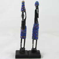 African Hut Wooden Statue Pair Small with Dark Blue Beading (Approx. 9 Inches) 166g