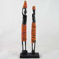 African Hut Wooden Statue Pair Medium with Orange Beading (Approx. 13 Inches) 166g