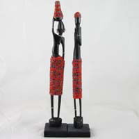 African Hut Wooden Statue Pair Medium with Red Beading (Approx. 13 Inches) 166g