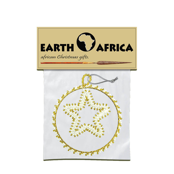 African Hut Gold and White Beaded Star in A Beaded Circle Tree Ornament 50g