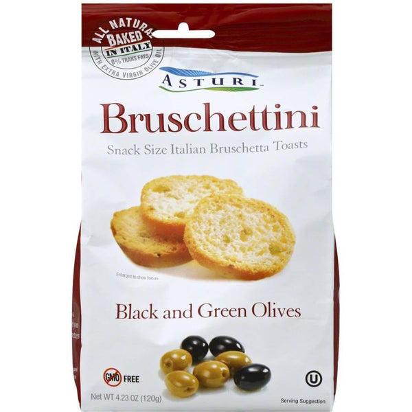 Asturi Bruschettini Black and Green Olive Snack Size Italian Bruschetta Toasts 120g