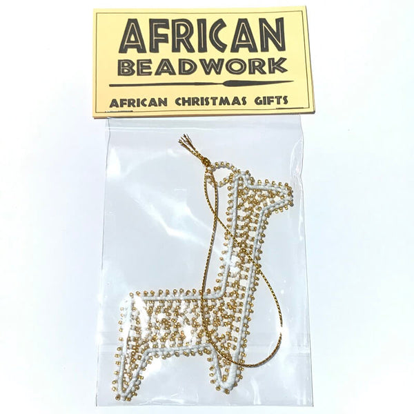 African Hut Beaded Gold and White Giraffe Ornament 11g